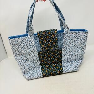 Handmade Floral Patchwork Tote Bag Blue Cottagecore Quilted Purse WVU Lining